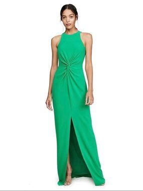Halston Green Sleeveless Ruffle Font Slit Maxi Formal Dress size 2 NWOT